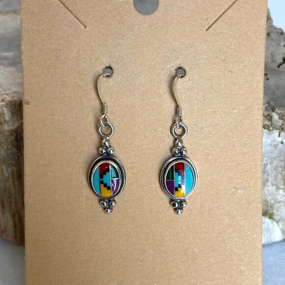 Sterling Silver 925 Southwest Style Turquoise Coral Malachite Dangle Earrings - Picture 11 of 16